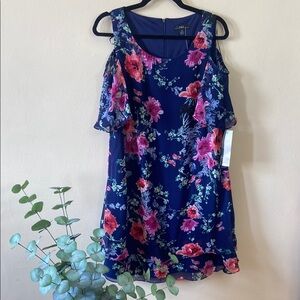 R&K Navy Floral Cold Shoulder Dress Ruffle Sleeve Shift Spring Summer 12 New